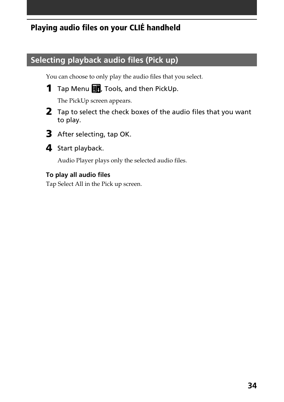 Selecting playback audio files (pick up), Selecting playback audio files (pick up) 34 | Sony PEG-N760C User Manual | Page 34 / 57