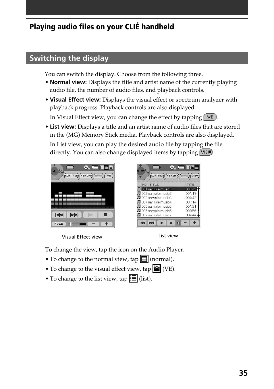 Switching the display, 35 switching the display, Playing audio files on your clié handheld | Sony PEG-N760C User Manual | Page 35 / 57