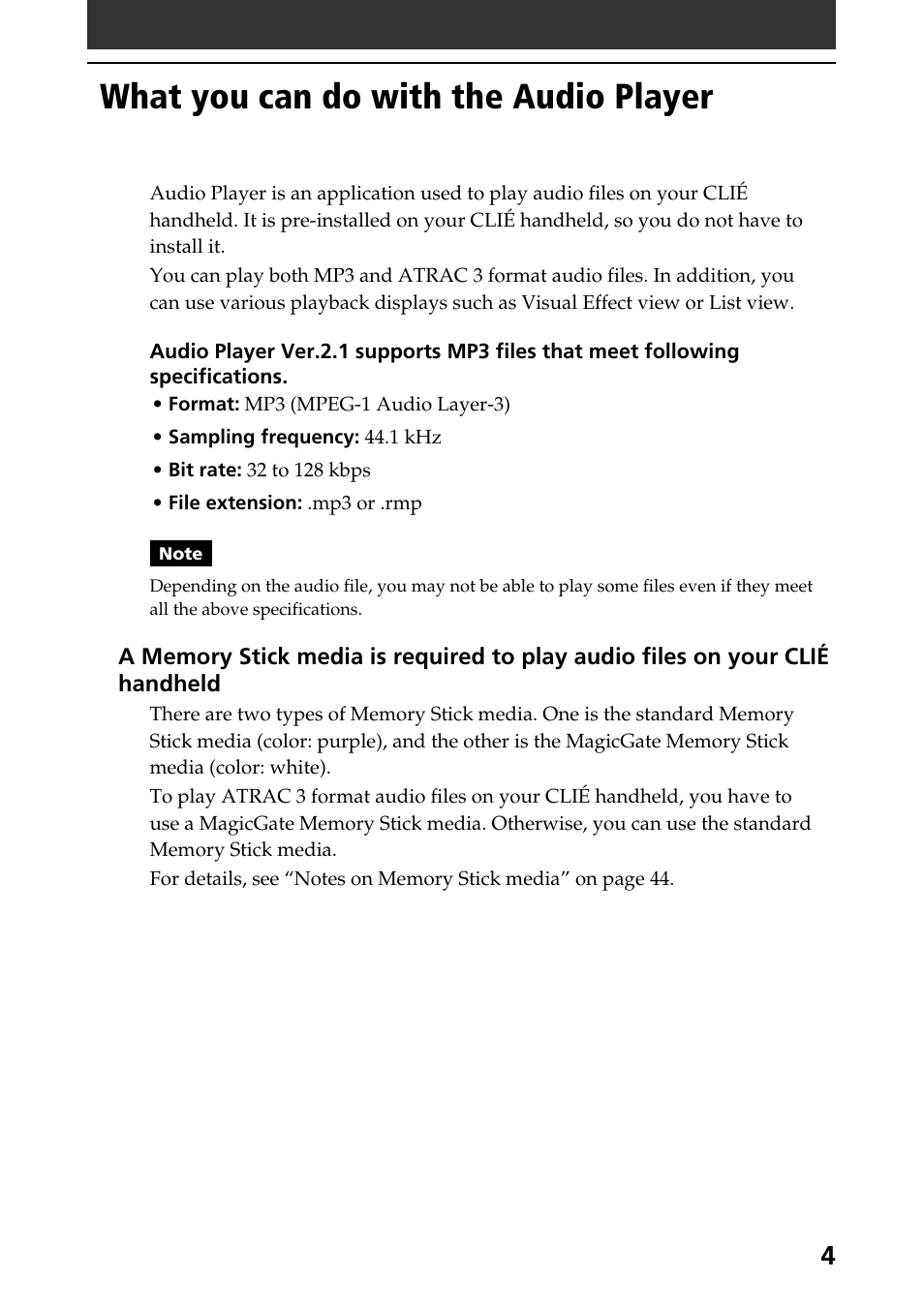 What you can do with the audio player | Sony PEG-N760C User Manual | Page 4 / 57
