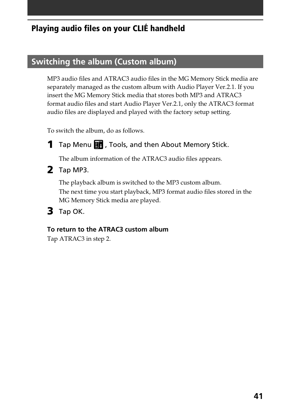 Switching the album (custom album) | Sony PEG-N760C User Manual | Page 41 / 57