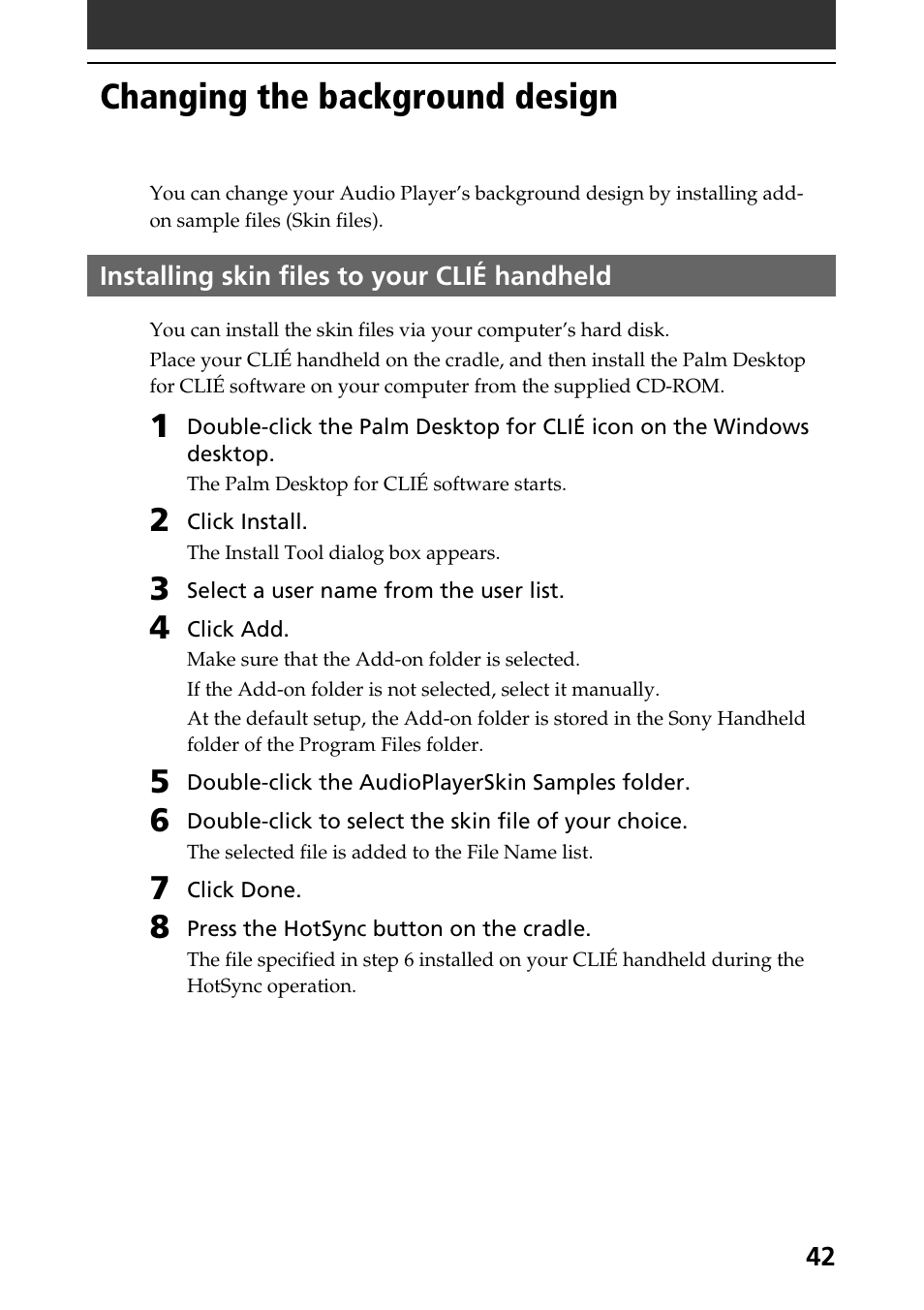 Changing the background design, Installing skin files to your clié handheld | Sony PEG-N760C User Manual | Page 42 / 57