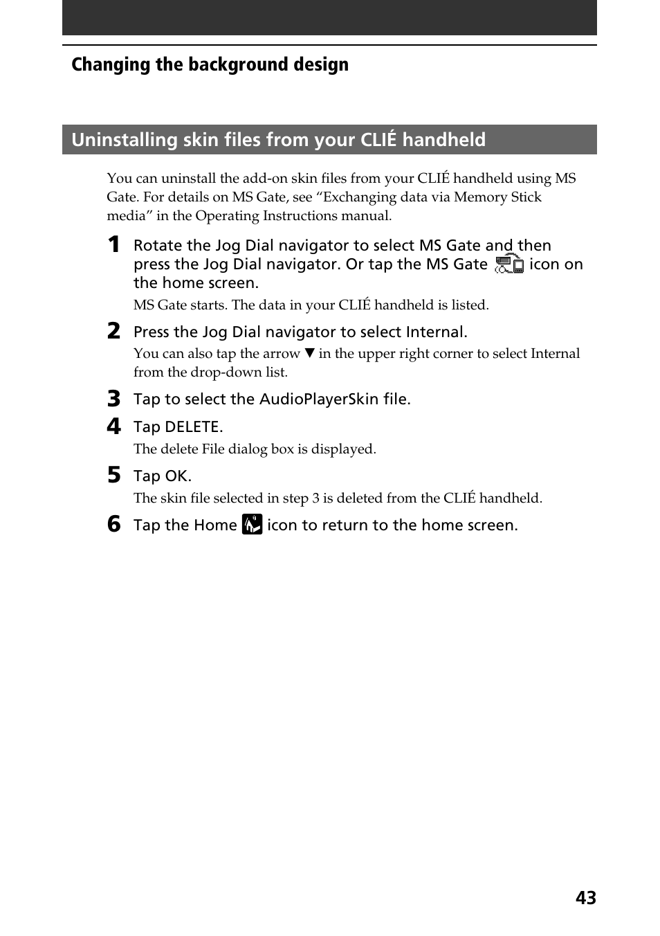 Uninstalling skin files from your clié handheld | Sony PEG-N760C User Manual | Page 43 / 57