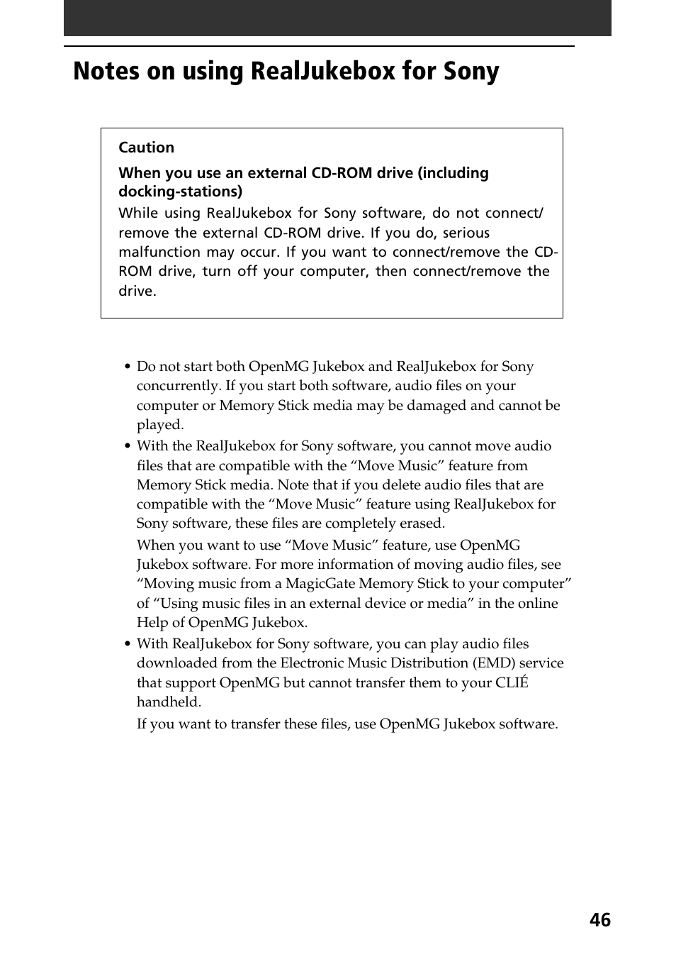 Notes on using realjukebox for sony, Notes on using realjukebox for sony 46 | Sony PEG-N760C User Manual | Page 46 / 57