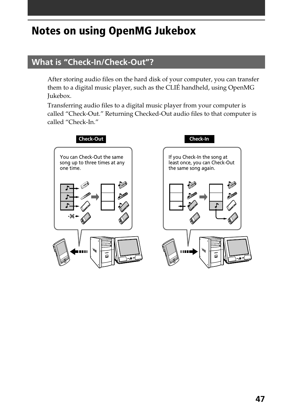 Notes on using openmg jukebox, What is “check-in/check-out, 47 what is “check-in/check-out | Sony PEG-N760C User Manual | Page 47 / 57