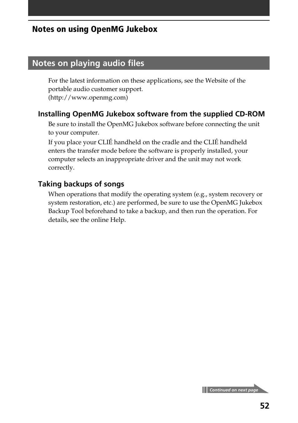 Notes on playing audio files | Sony PEG-N760C User Manual | Page 52 / 57