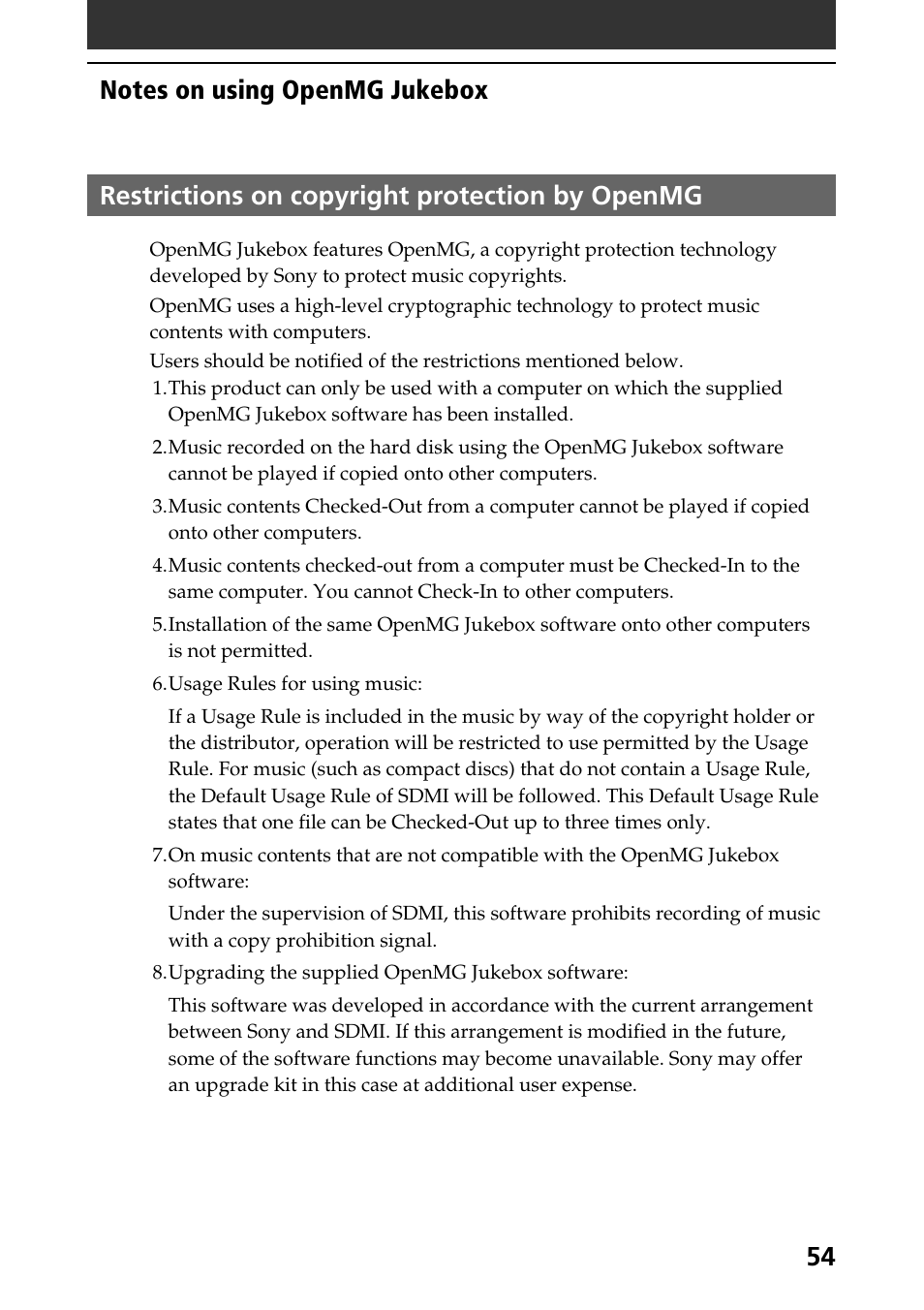 Restrictions on copyright protection by openmg, 54 restrictions on copyright protection by openmg | Sony PEG-N760C User Manual | Page 54 / 57