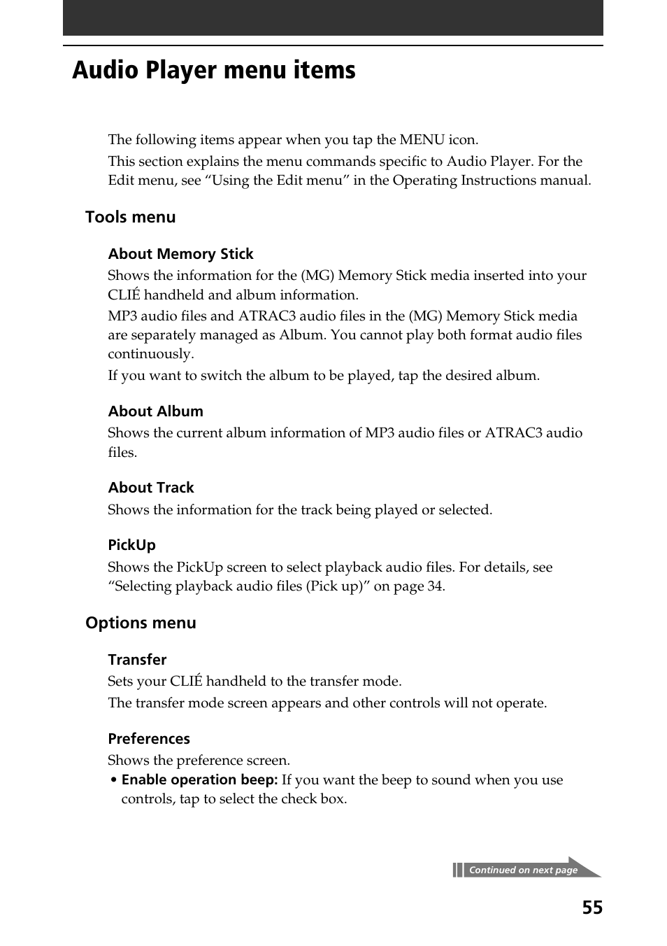 Audio player menu items | Sony PEG-N760C User Manual | Page 55 / 57