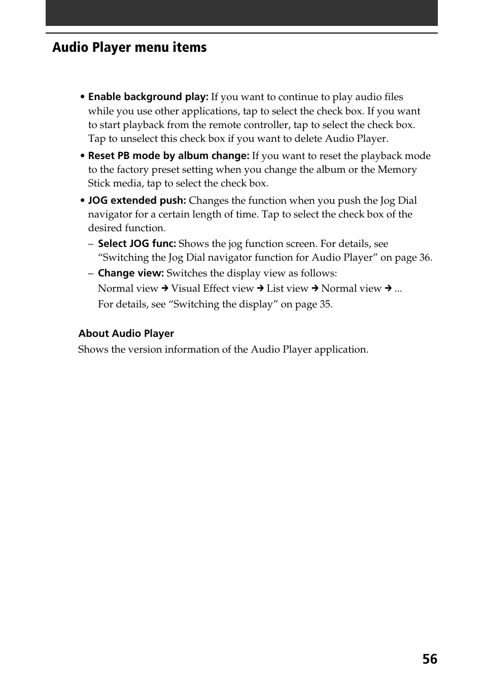 Audio player menu items | Sony PEG-N760C User Manual | Page 56 / 57