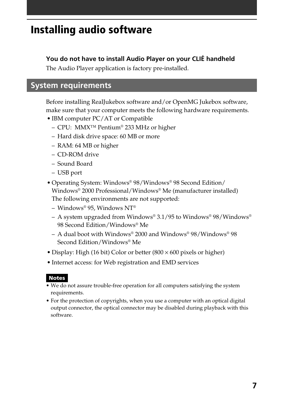 Installing audio software, System requirements | Sony PEG-N760C User Manual | Page 7 / 57