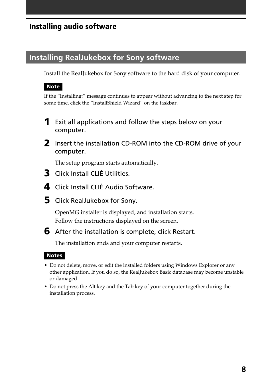 Installing realjukebox for sony software, Installing realjukebox for sony software 8 | Sony PEG-N760C User Manual | Page 8 / 57