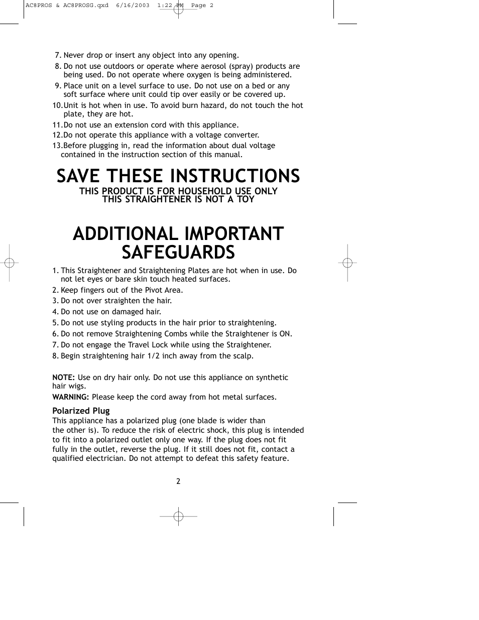 Save these instructions, Additional important safeguards | Salton, Inc AC8PROS User Manual | Page 3 / 12