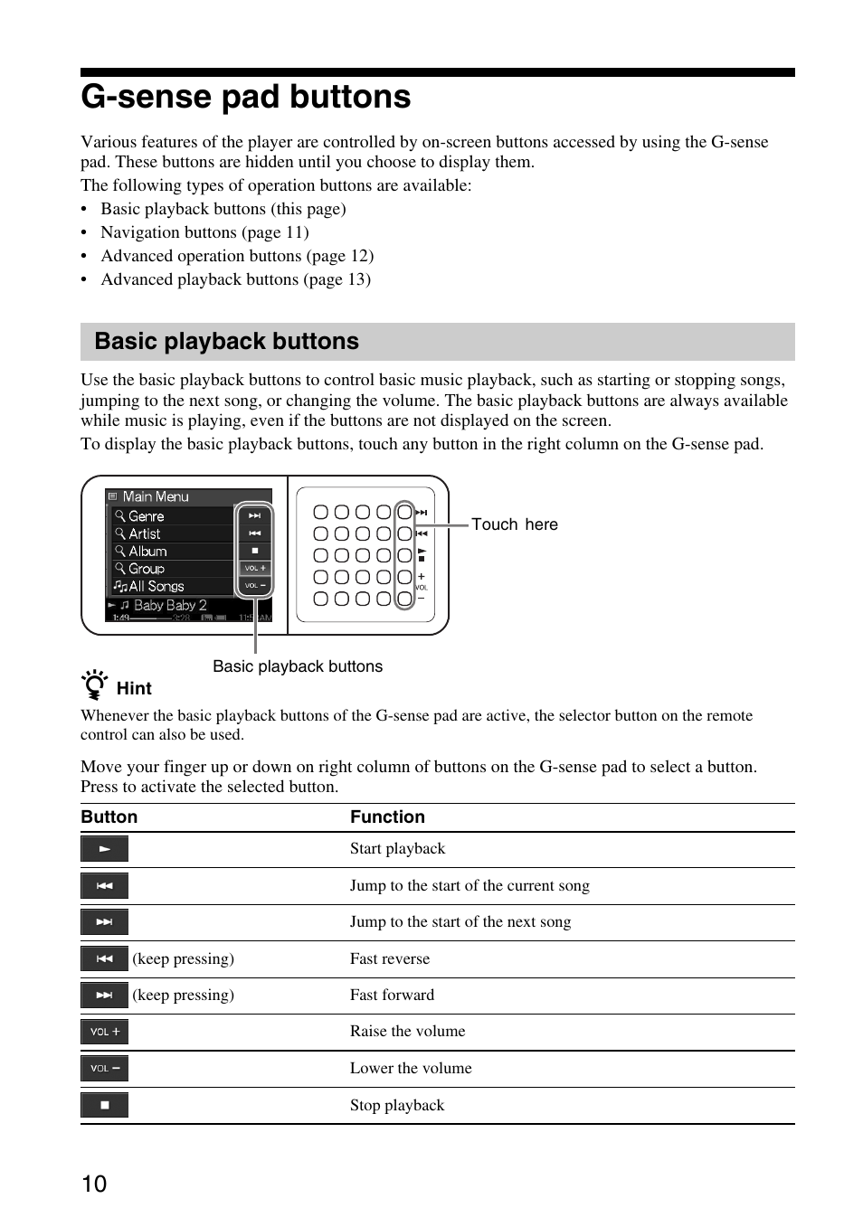 G-sense pad buttons, Basic playback buttons | Sony VGF-AP1L User Manual | Page 10 / 37
