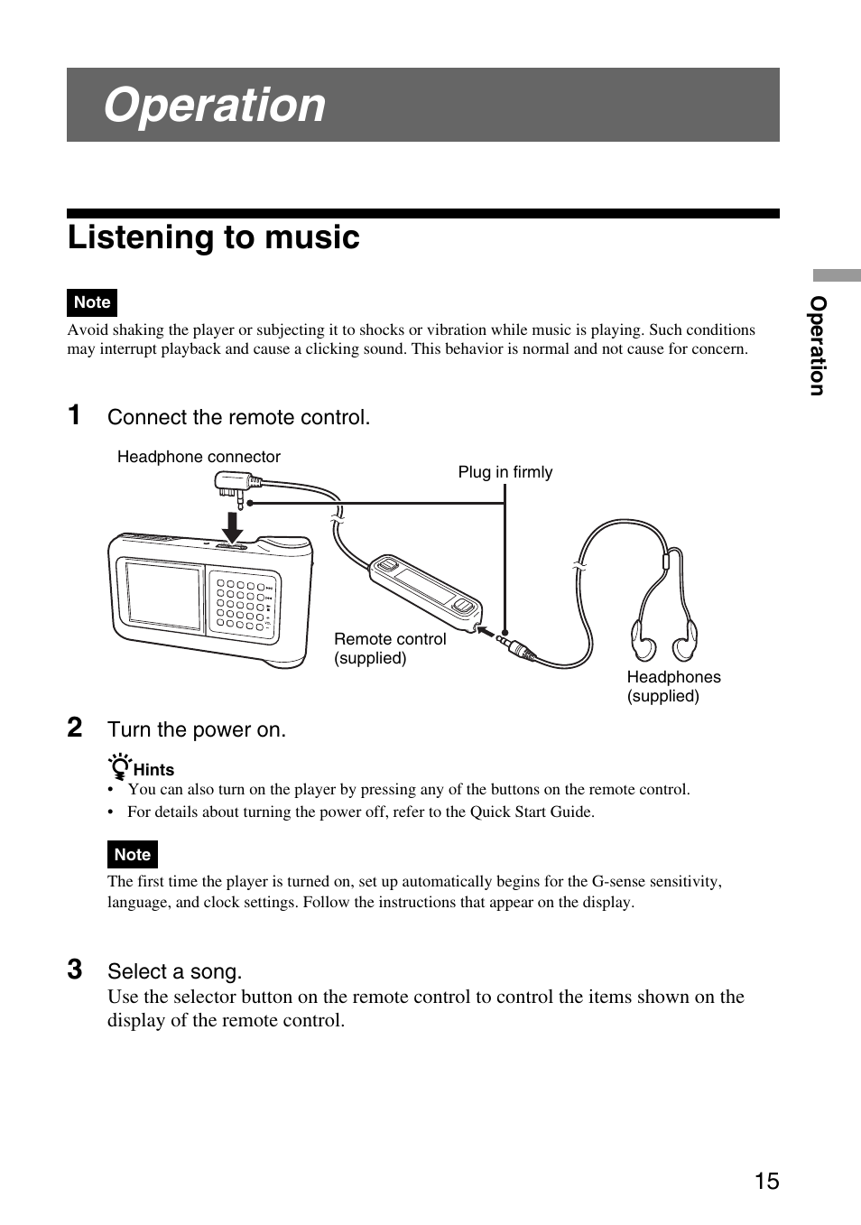 Operation, Listening to music | Sony VGF-AP1L User Manual | Page 15 / 37