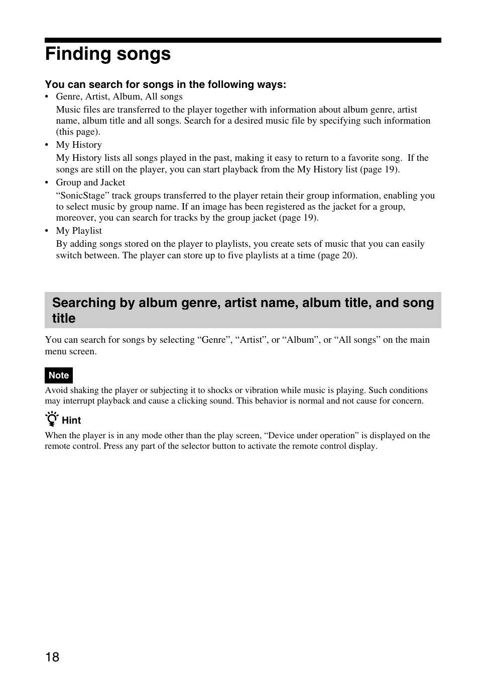 Finding songs, Searching by album genre, artist, Name, album title, and song title | Sony VGF-AP1L User Manual | Page 18 / 37