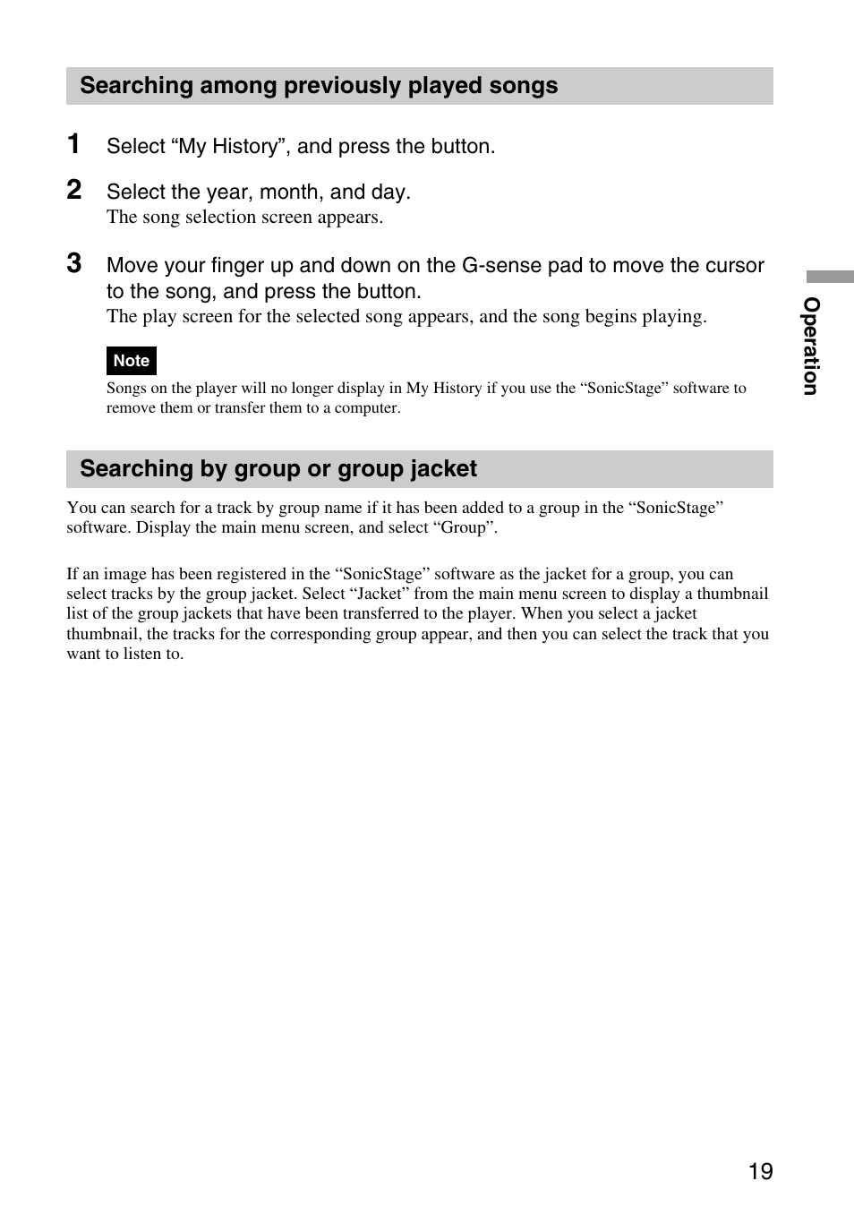Searching among previously played songs, Searching by group or group jacket, Searching among previously played | Songs, Searching by group or, Group jacket | Sony VGF-AP1L User Manual | Page 19 / 37
