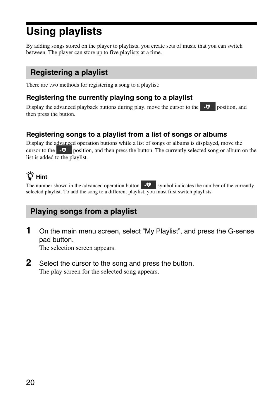 Using playlists, Registering a playlist, Playing songs from a playlist | Sony VGF-AP1L User Manual | Page 20 / 37