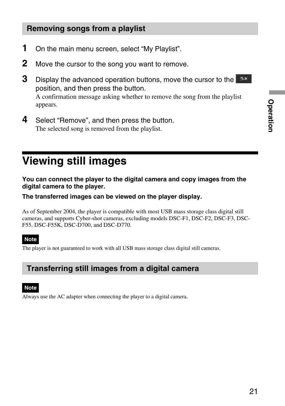 Removing songs from a playlist, Viewing still images, Transferring still images from a digital camera | Removing songs from, A playlist, Transferring still images from a, Digital camera | Sony VGF-AP1L User Manual | Page 21 / 37