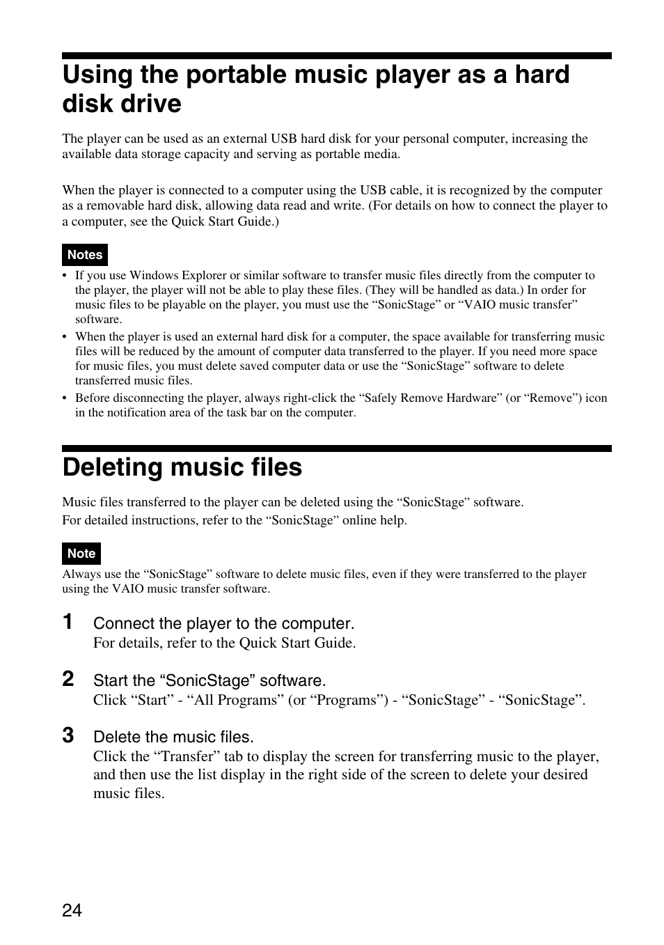 Deleting music files, Using the portable music player as a, Hard disk drive | Sony VGF-AP1L User Manual | Page 24 / 37