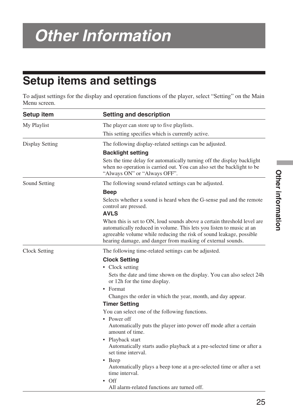 Other information, Setup items and settings | Sony VGF-AP1L User Manual | Page 25 / 37