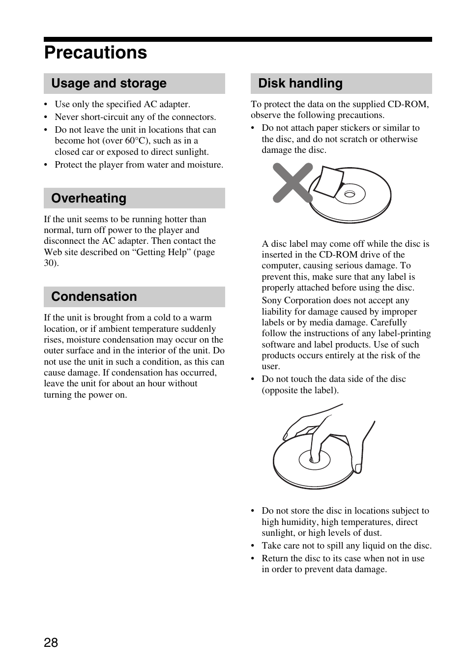 Precautions, Usage and storage, Overheating | Condensation, Disk handling | Sony VGF-AP1L User Manual | Page 28 / 37
