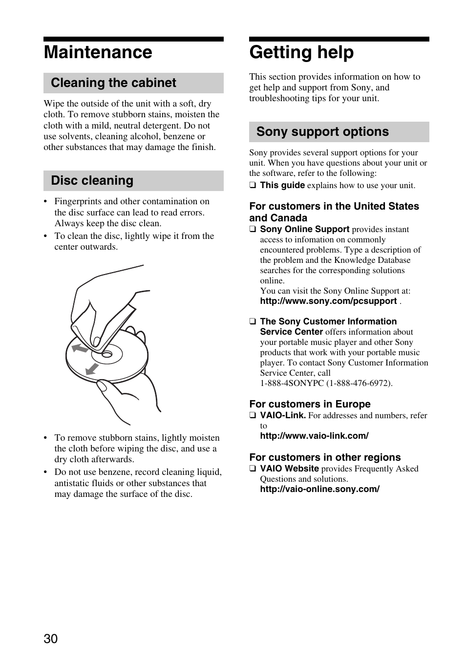 Maintenance, Cleaning the cabinet, Disc cleaning | Getting help, Sony support options, Cleaning the cabinet disc cleaning | Sony VGF-AP1L User Manual | Page 30 / 37