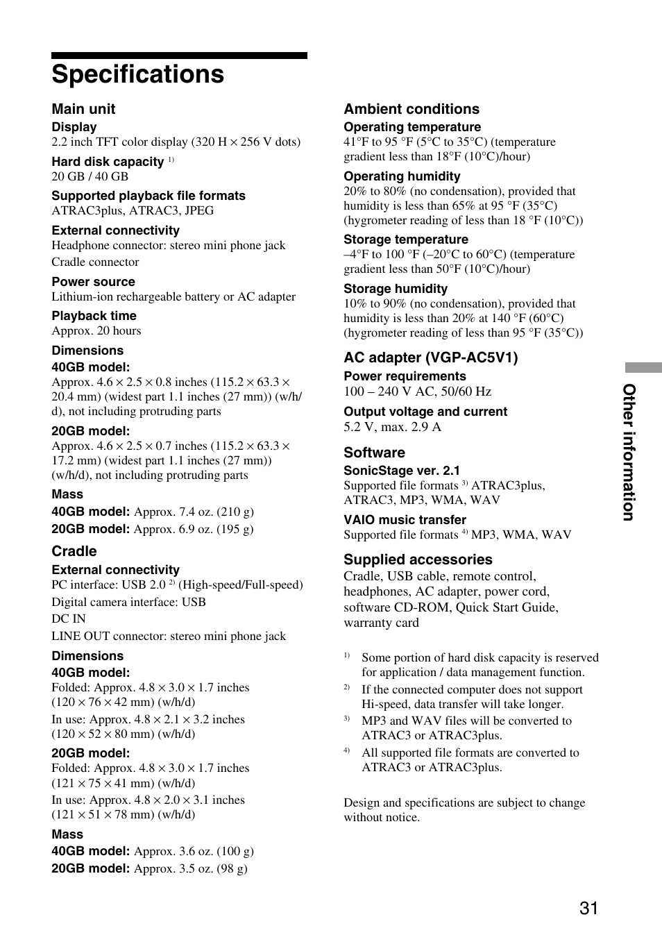 Specifications, Other information | Sony VGF-AP1L User Manual | Page 31 / 37