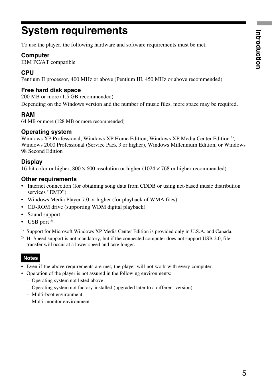 System requirements, Introduction | Sony VGF-AP1L User Manual | Page 5 / 37