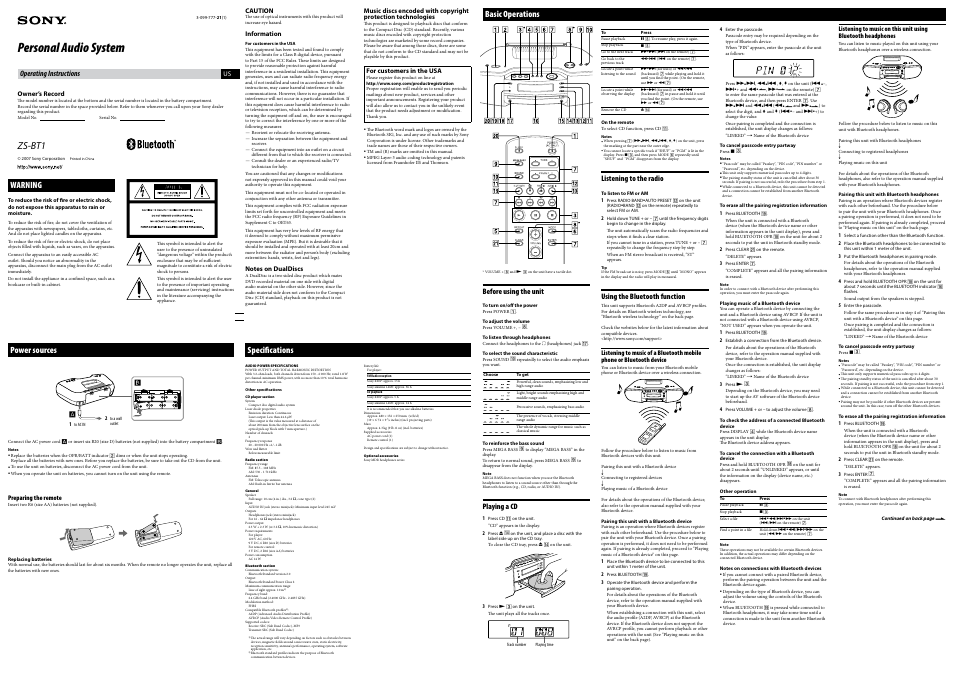 Sony ZS-BT1 User Manual | 2 pages