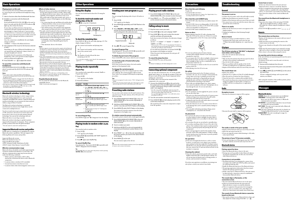Other operations, Precautions, Troubleshooting | Messages, Basic operations | Sony ZS-BT1 User Manual | Page 2 / 2