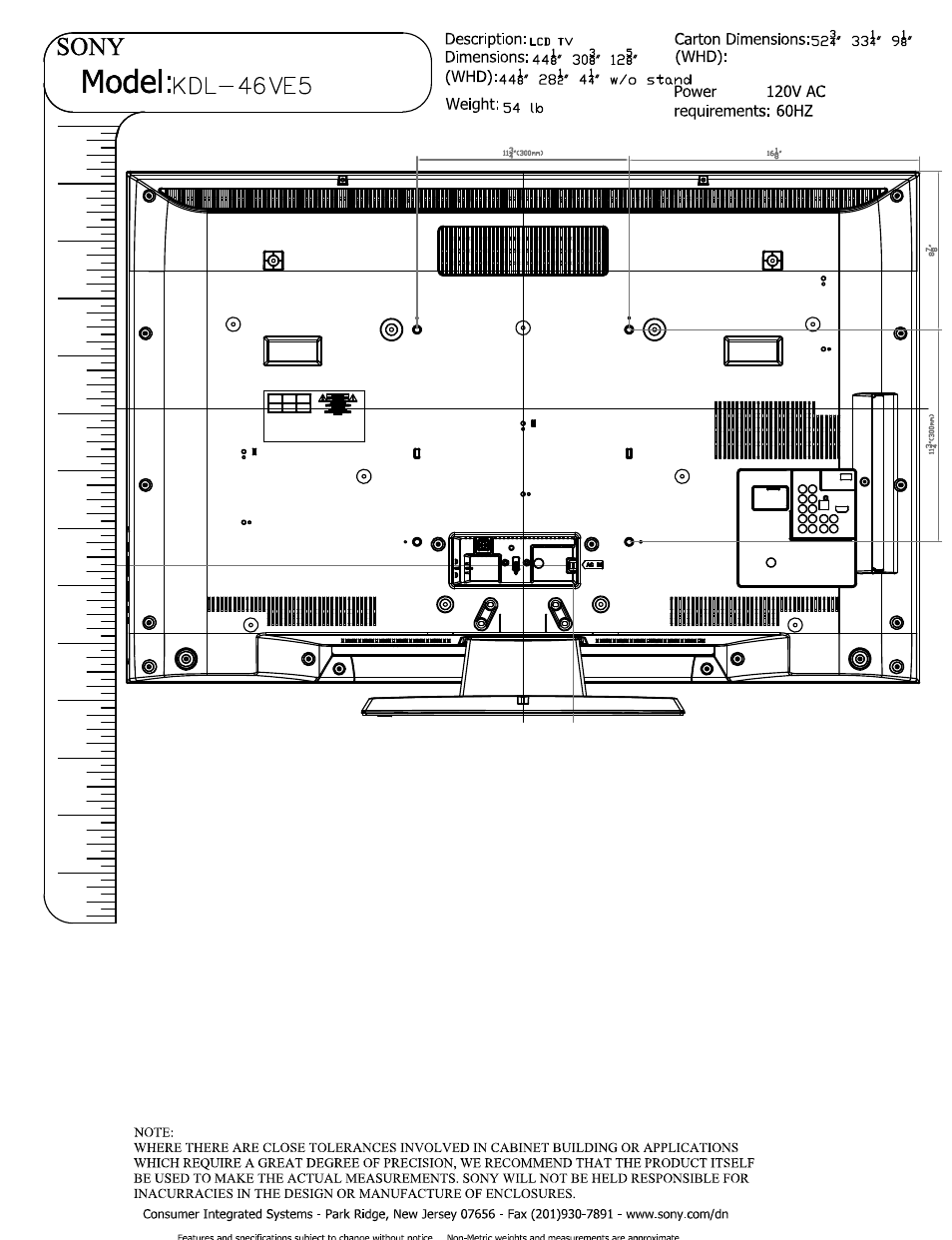 Description: lcd tv carton i, Dimensions: 44^' 3oi* iei' (whd), Carton dimensions:5el' 33i' sh | Power 120 v ac, Weight: 54 ib, Requirements: 60hz, Model | Sony KDL-46VE5 User Manual | Page 2 / 2