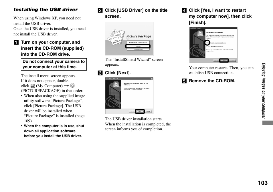 Installing the usb driver | Sony DSC-V3 User Manual | Page 103 / 156