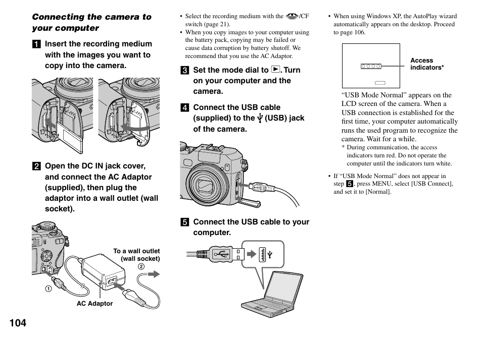 Connecting the camera to your computer | Sony DSC-V3 User Manual | Page 104 / 156