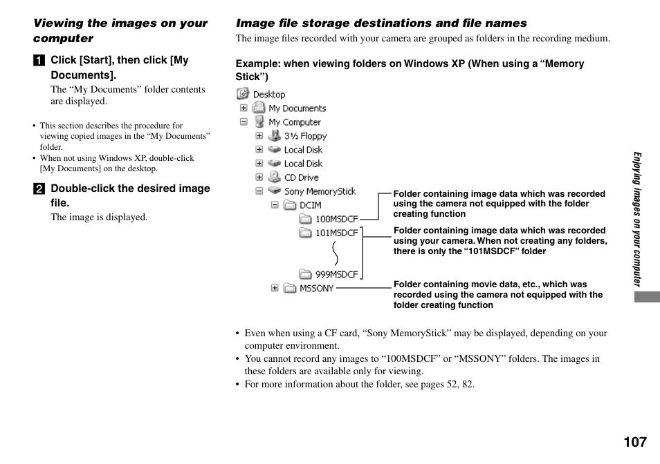 Viewing the images on your computer, Image fi le storage destinations and fi le names | Sony DSC-V3 User Manual | Page 107 / 156