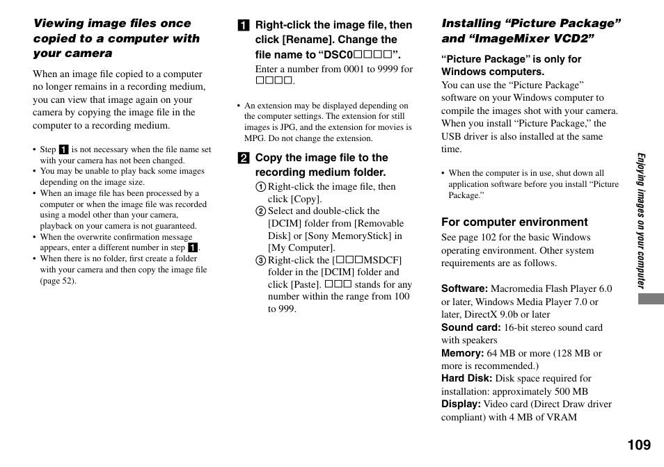 Installing “picture package” and “imagemixer vcd2 | Sony DSC-V3 User Manual | Page 109 / 156