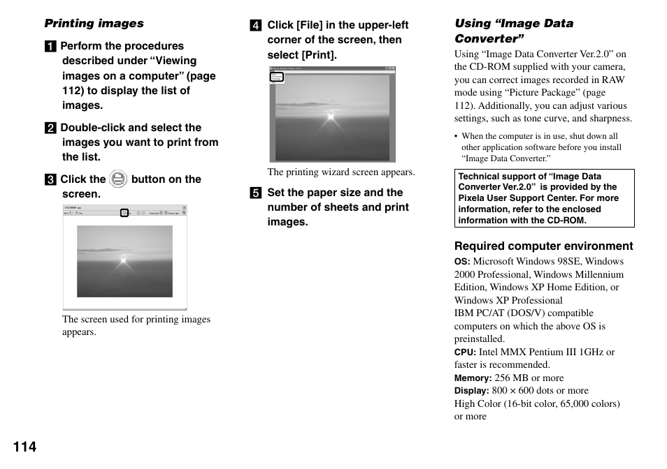 Printing images, Using “image data converter | Sony DSC-V3 User Manual | Page 114 / 156