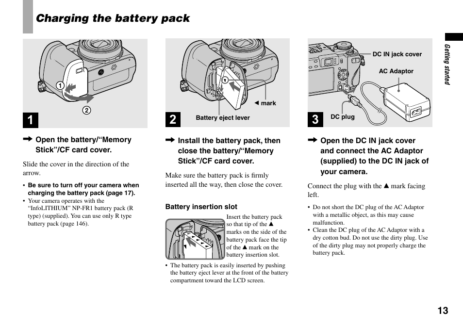 Getting started, Charging the battery pack | Sony DSC-V3 User Manual | Page 13 / 156