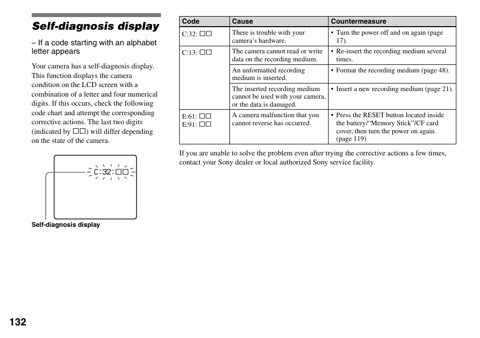 Self-diagnosis display | Sony DSC-V3 User Manual | Page 132 / 156