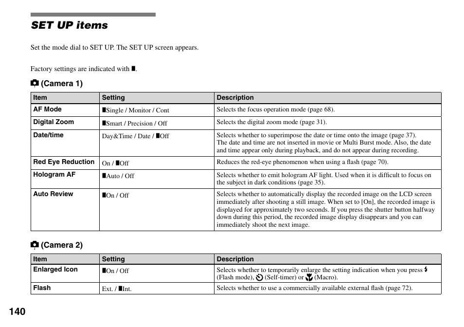 Set up items | Sony DSC-V3 User Manual | Page 140 / 156