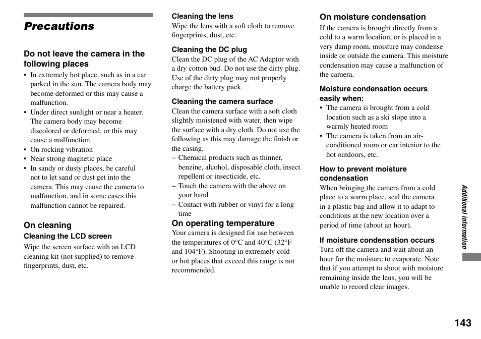 Precautions | Sony DSC-V3 User Manual | Page 143 / 156