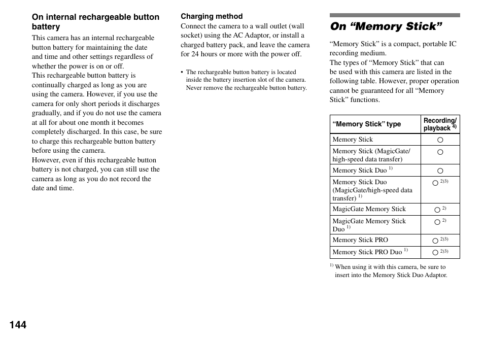 On “memory stick, On internal rechargeable button battery | Sony DSC-V3 User Manual | Page 144 / 156