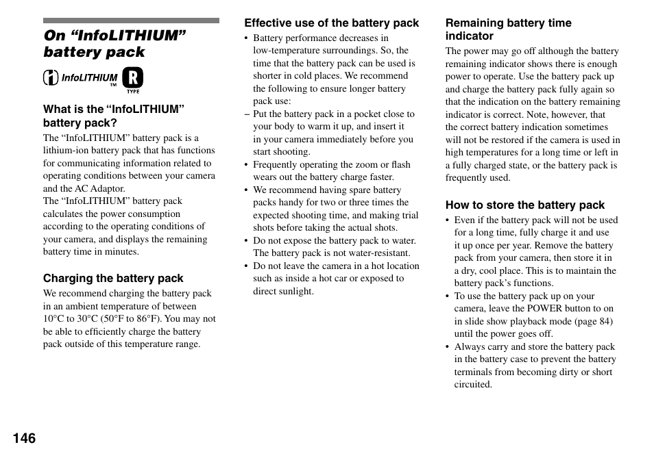 On “infolithium” battery pack | Sony DSC-V3 User Manual | Page 146 / 156