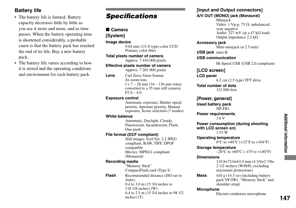 Specifi cations | Sony DSC-V3 User Manual | Page 147 / 156