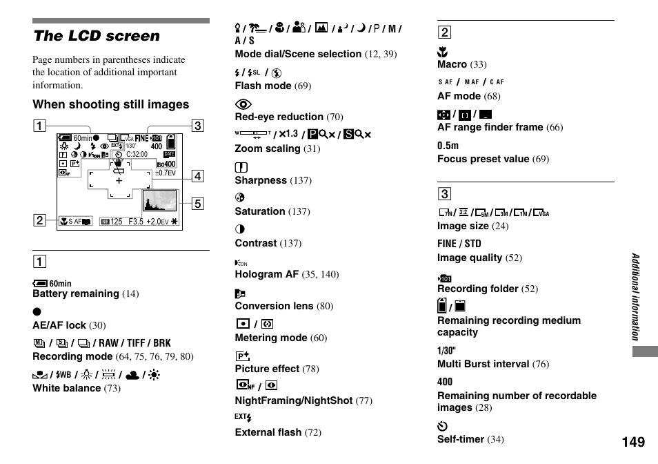 The lcd screen, When shooting still images | Sony DSC-V3 User Manual | Page 149 / 156