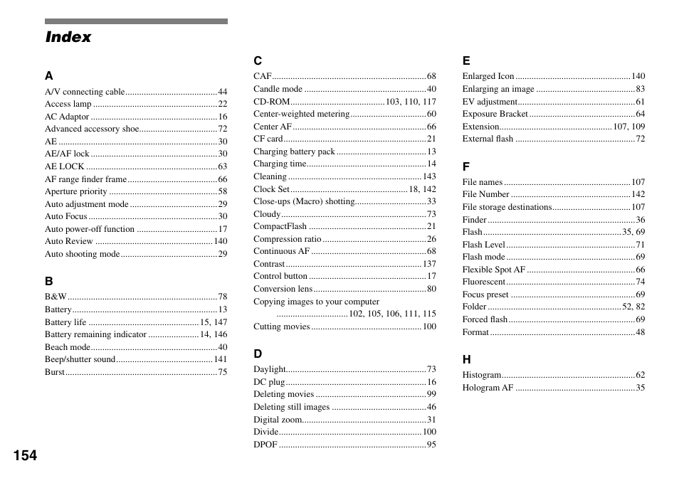 Index | Sony DSC-V3 User Manual | Page 154 / 156