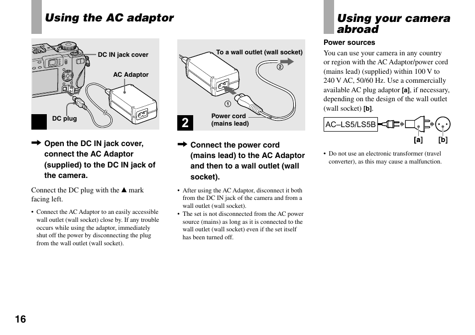 Using the ac adaptor, Using your camera abroad | Sony DSC-V3 User Manual | Page 16 / 156