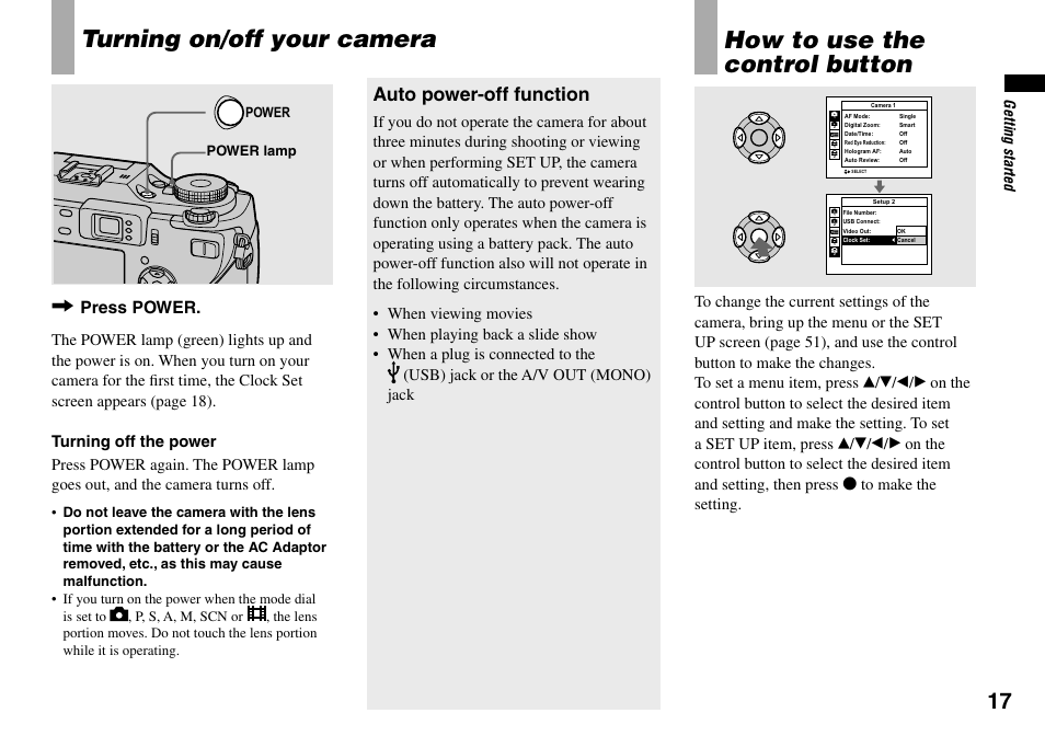 Turning on/off your camera, How to use the control button, Auto power-off function | Press power | Sony DSC-V3 User Manual | Page 17 / 156