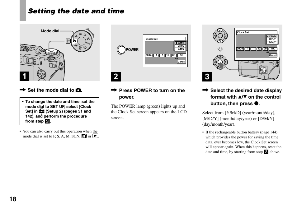 Setting the date and time | Sony DSC-V3 User Manual | Page 18 / 156