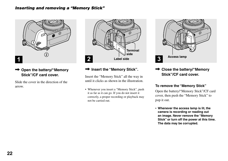 Inserting and removing a “memory stick | Sony DSC-V3 User Manual | Page 22 / 156