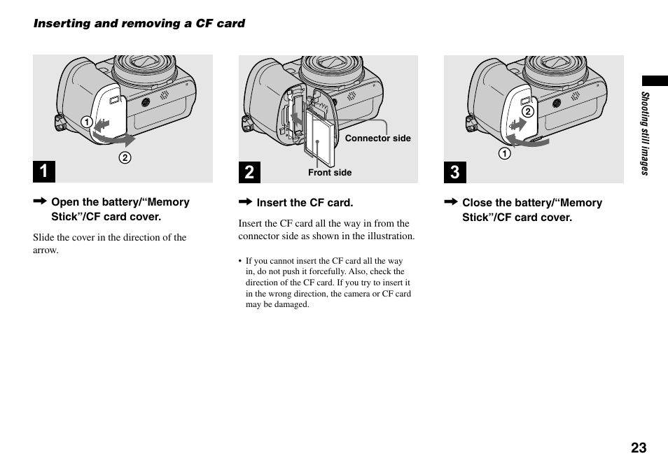 Inserting and removing a cf card | Sony DSC-V3 User Manual | Page 23 / 156