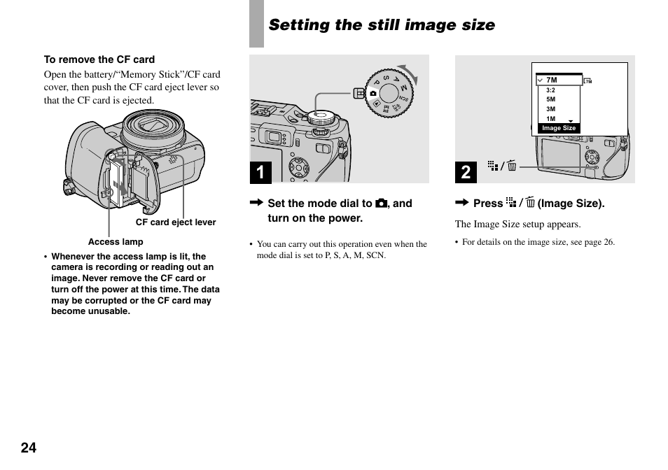 Setting the still image size | Sony DSC-V3 User Manual | Page 24 / 156